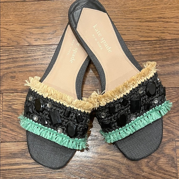 Kate Spade Bora Bora 10 Black and Green Fringed Sandals - Picture 2 of 3